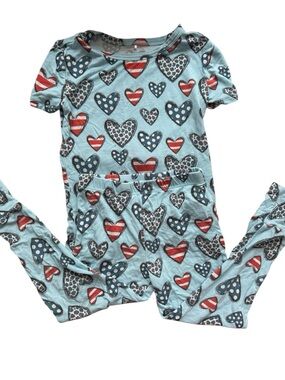 Posh Peanut Light Blue Heart Print Pajama Set with Red & Navy Accents